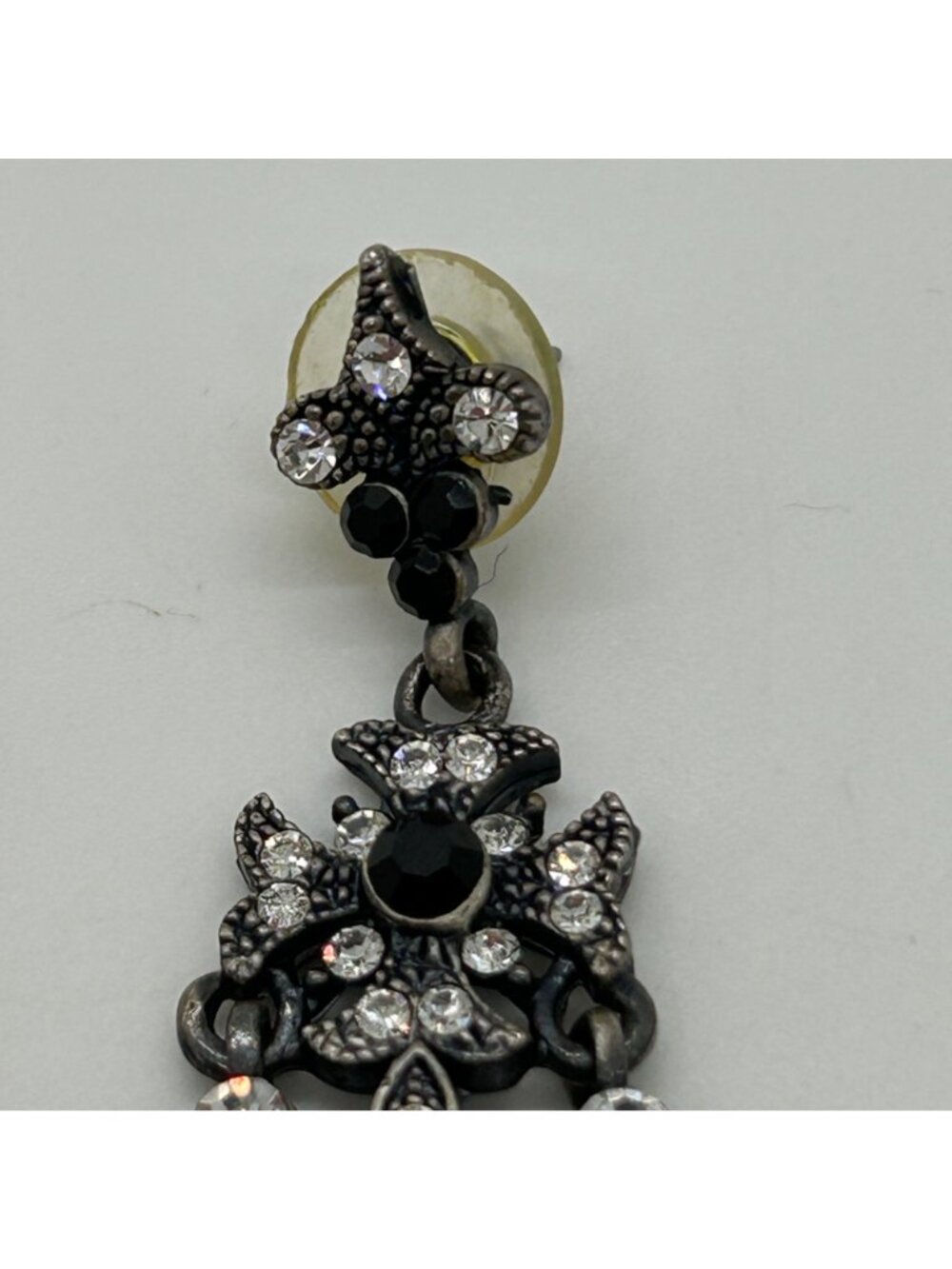 Gothic Chandelier Earrings Gunmetal Victorian Revival Black Rhinestone Statement - Picture 6 of 13